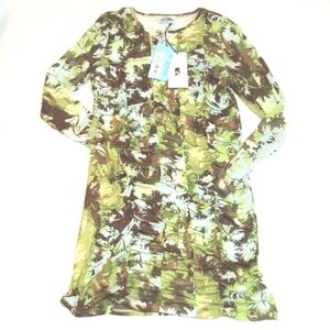 Future Collective Women's Bodycon Dress Sz M Green Ruched Floral Sheer Summer